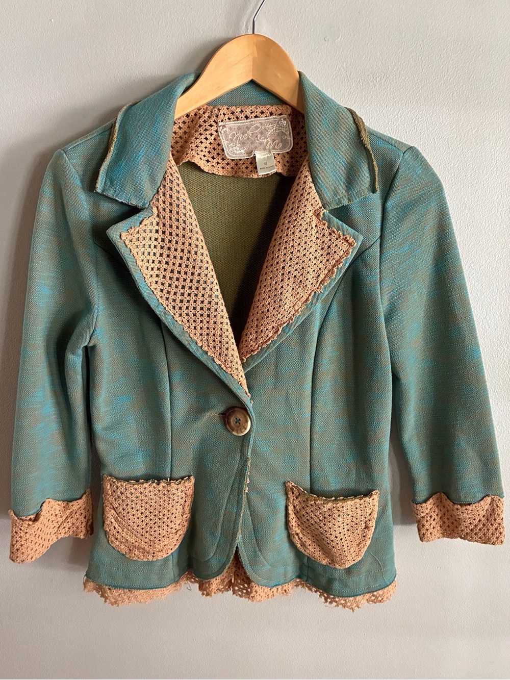 Nick & Mo Teal Crochet Lace Blazer Jacket Small Y2K Boho Artsy Cottagecore